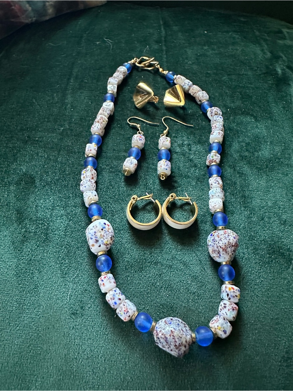 American Vintage Blue and Speckled White Bead Necklace with Gold Accents